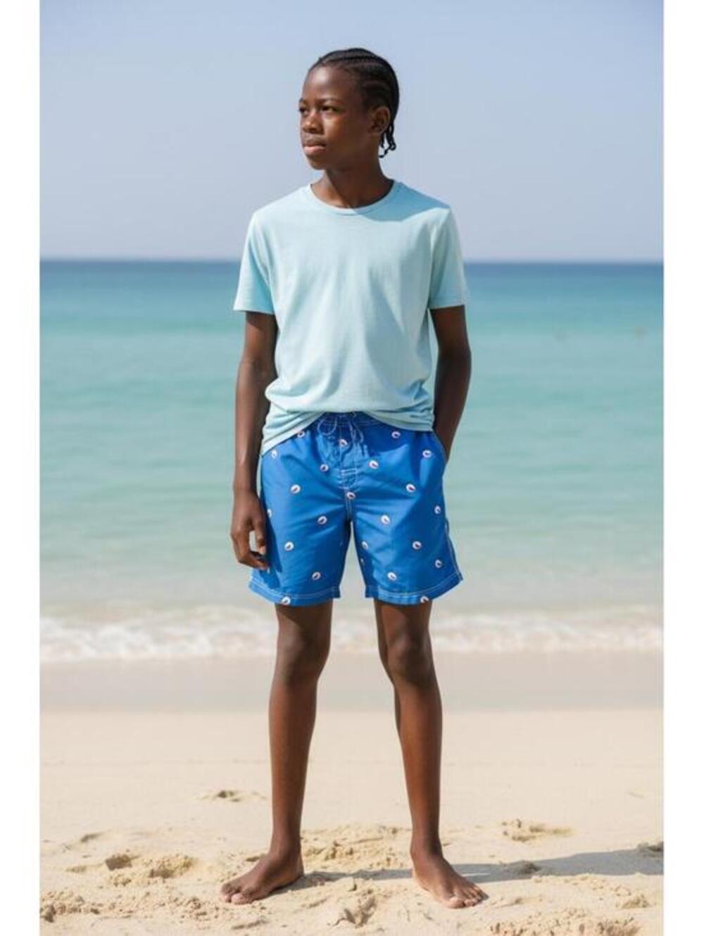 LANDS' END Boys Swim Trunks M 10-12 Royal Blue Football Graphic Print Mesh Lined